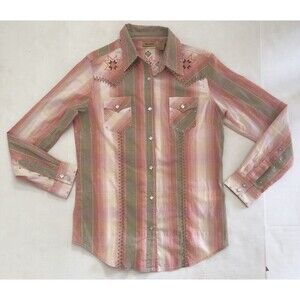 Y2K Wrangler Western Shirt Aztec Pearl Snap Embroidered Pink Stripe Womens Med